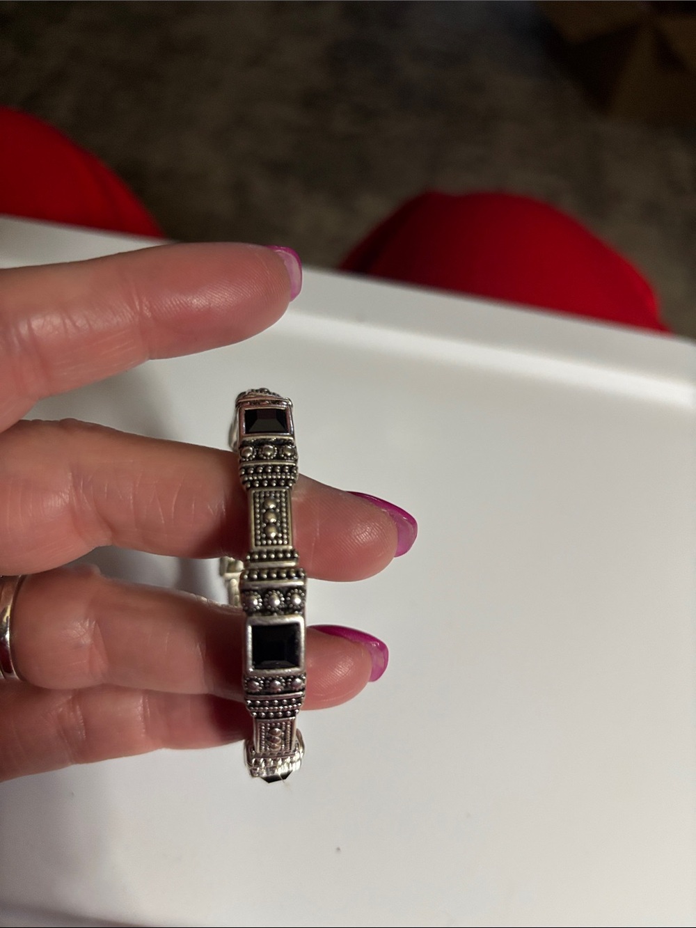 Sterling-Style Silver Bracelet with Black Stones